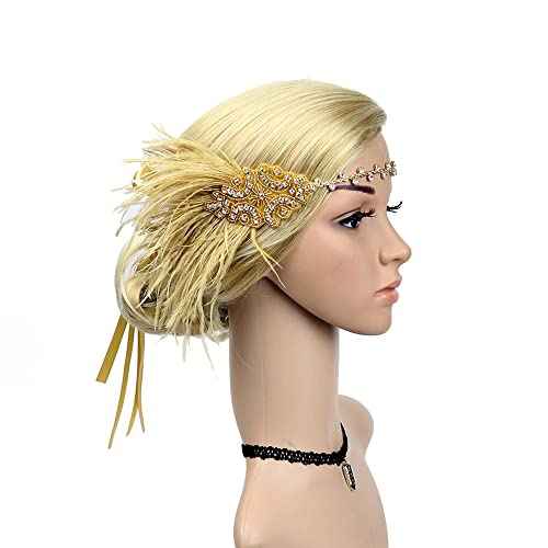 STIOEDYUAN 1920s Flapper Headbands Accessory for Women Roaring 20s Gatsby Vintage Rhinestone Beaded Leaf Feather Headpiece