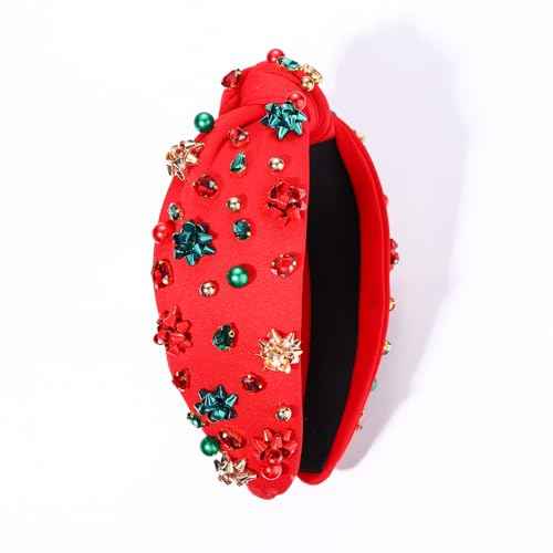2PCS Christmas Headband for Women - Xmas Bow & Tree Knotted Headband with Red Green Crystal Pearl Jeweled Top Knot - Festive Holiday Hair Accessories - Party Gifts