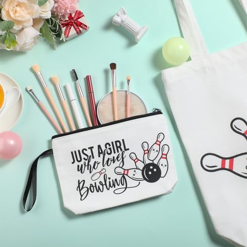 Sieral 2 Pcs Bowling Gifts for Women Just a Girl Who Loves Bowling Canvas Cosmetic Makeup Bag and Tote Bag Funny Gifts for Women Friends Sister Christmas