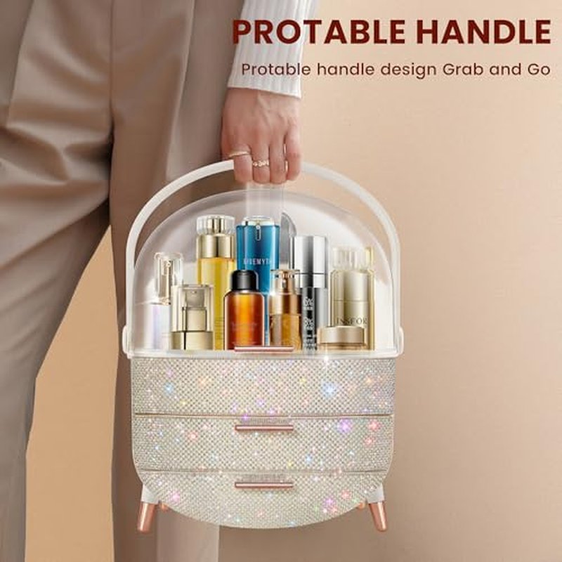 Bling Makeup Organizer for Teen Girl Gift,Hollywood Vanity Makeup Storage Box for Girl Birthday Gift,Practical Gift for Daughter,Bathroom Organizer,Skincare Organizer (Rhinestone White)
