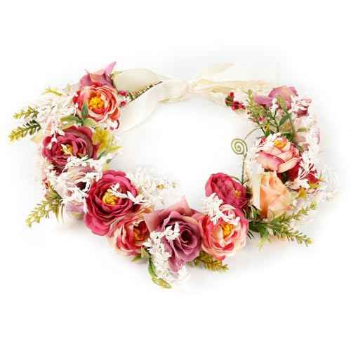 Rose Flower Crown Women Boho Flower Headband Hair Wreath Floral Headpiece with Ribbon Flower Leaves Crown for Wedding Festival Party Photos