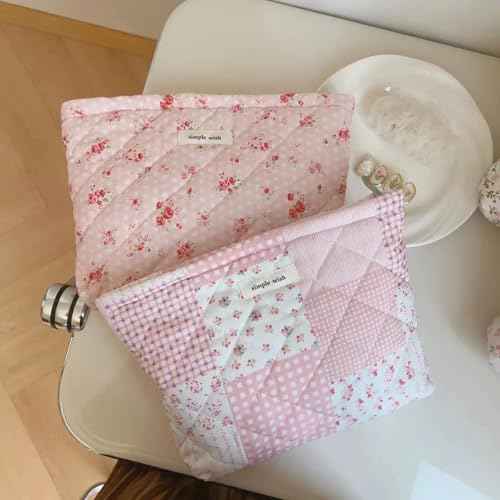 Quilted Cotton Makeup Bag,Coquette Floral Quilted Cosmetic Bag, Travel Toiletry Makeup Bag for Women and Girls, Aesthetic Travel Organized Cosmetic Pouch(09 Patchwork Pink)