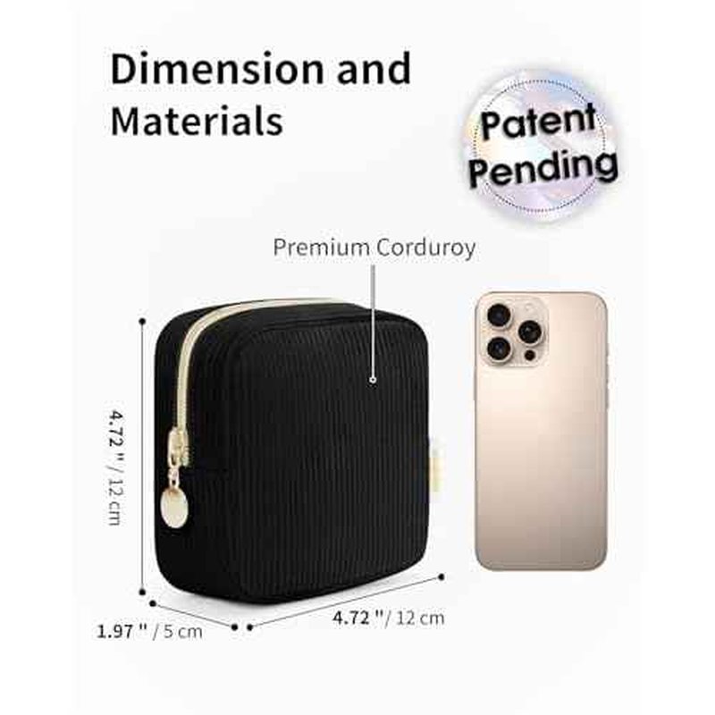 Wandering Nature Small Makeup Bag for Purse Mini Make up Pouch Cute Cosmetic Pouch for Women with Slip-in Pockets Corduroy, Black