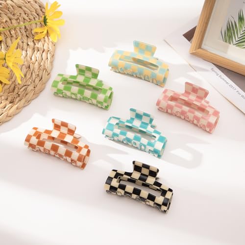 Checkered Multicolored Rectangle Y2K Hair Barrettes and Claw Clips - 6 Pcs Strong Hold Hair Accessories for Thin & Thick Hair