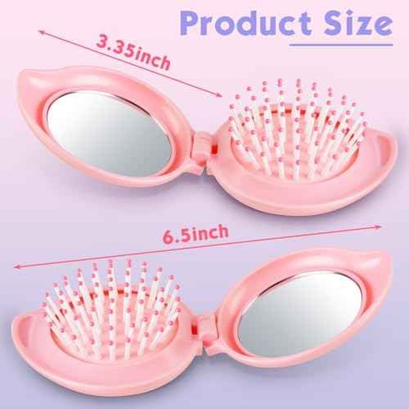 Boao 2 Pack Foldable Travel Mirror Hair Brushes Round Portable Folding Pocket Hair Brush Mini Comb Compact Travel Size Massage Comb for Men Women (Pink,Mango)