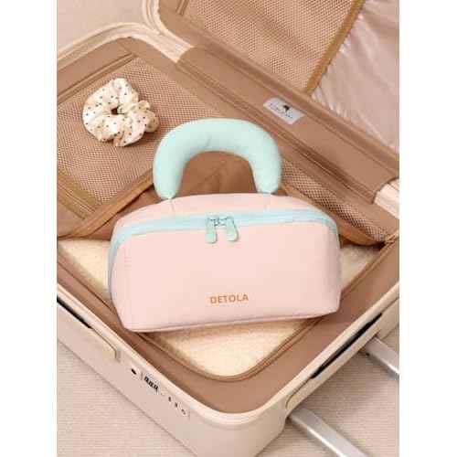 Detola Makeup Bag, Large Capacity Cosmetic Bags Travel Toiletry Bag for Women Waterproof Make up Organizer Portable Open Flat Cosmetic Pouch with Brush Compartment Travel Gifts for Women, Pink