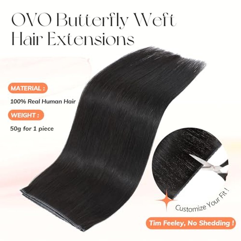 Black Hair Extensions OVO Double PU Weft Human Hair Extensions Invisible Flat Weft Extensions, Natural Looking Seamless Human Hair Extensions for Added Volume & Length