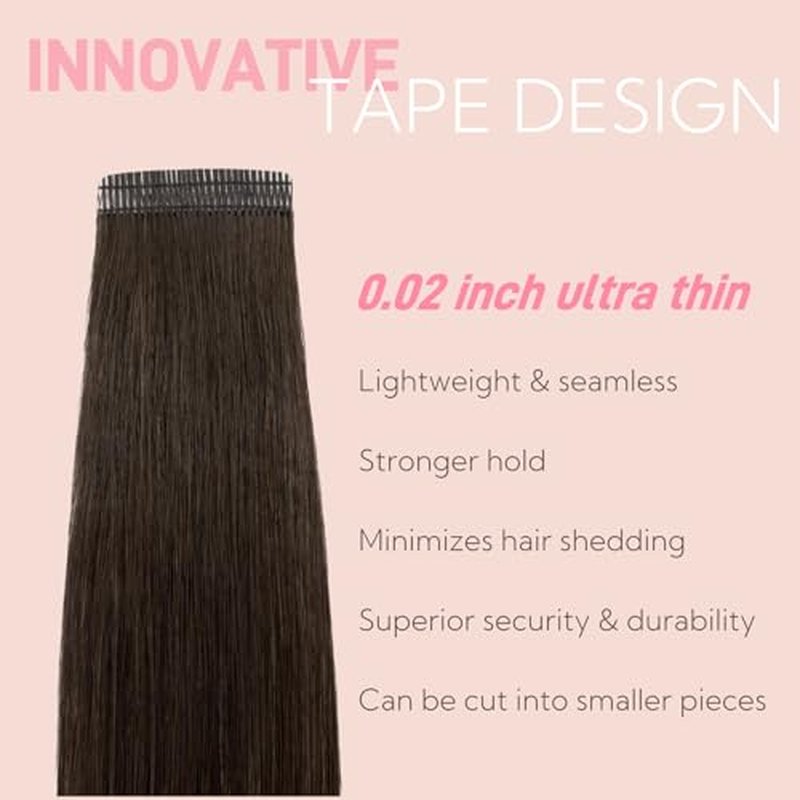 Tape in Hair Extensions Real Human Hair Double Stitched Invisible Seamless 20pcs 50g (Dark Brown to Black, 22 inch)