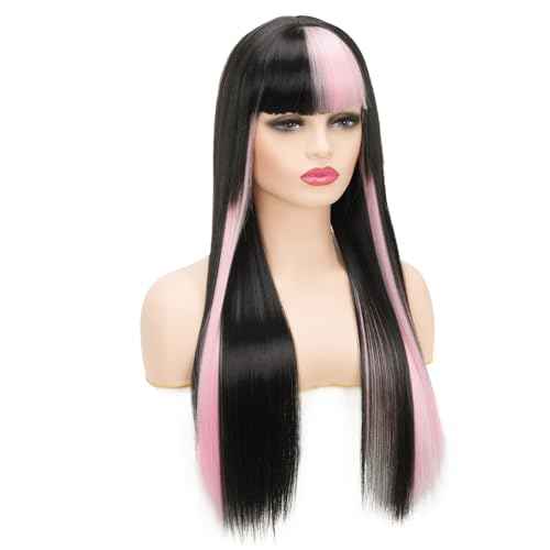 Black and Pink Wigs with Bangs for Women Long Straight Synthetic Wig,Heat Resistant Hair Natural Looking Wig Daily Party Halloween Cospaly Used
