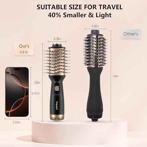 Travel Dual Voltage Hair Dryer Brush, Mini Auto Blow Dryer Brush in one, 2 Inch One Step Hot Air Hair Dryer and Styler for Home & Salon with EU&UK Plug (Gold)