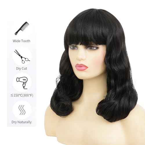 Black Finger Wave Wigs for Women Long Curly Black Wigs with Bangs 1920s Women Vintage Hair Halloween Cosplay Party Costume Wig