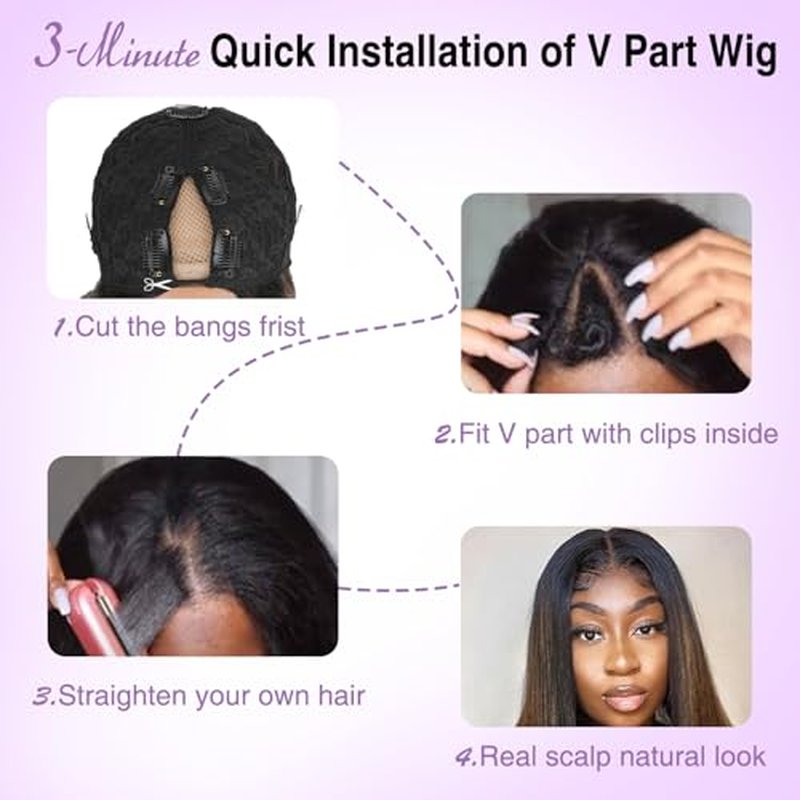 CHEETAHBEAUTY FB30 Ombre V Part Wig Human Hair 8Inch No Leave Out Upgrade Straight U Part Wig Highlight Blonde No Glue Brazilian Virgin Straight Human Hair Wigs for Women Colored Brown 180% Density