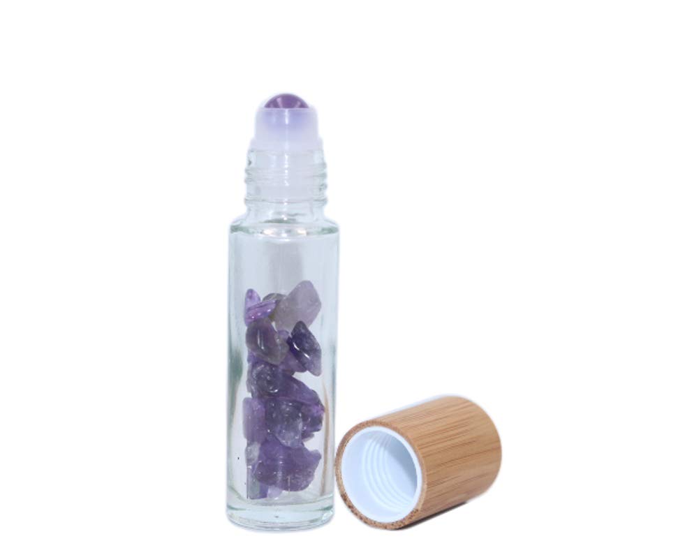 Wresty 10ml Roll On Bottle With Gemstone Rollerball&Crystal Chips Inside,10 Packs Glass Roller Bottles Essential Oil Sample Bottles(Bamboo Lids)