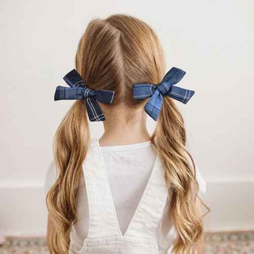 DEEKA School Uniform Plaid Hair Bows & Knotted Plaid Headband & Scrunchies Fable Hair Bow Set Alligator Clips for Toddler Girls Hair Accessories for Little School Girls (Navy Blue)