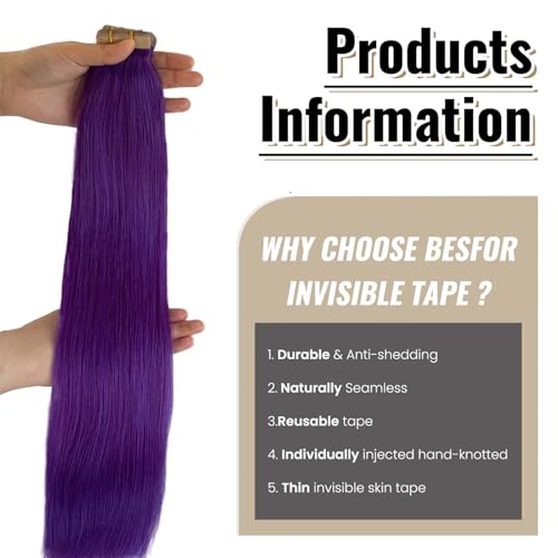 Munx Human Hair Extensions Tape in Purple 20 Inch 50g Real Hair Extensions Tape in Remy Silky Straight Natural Hair Extensions 20pcs