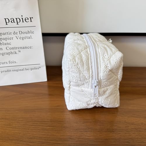 Cotton Quilted Makeup Bag Coquette Accessories Make up Bag Organizer Cute Floral Cosmetic Pouch Travel Makeup Bag for Women,Embroidery White
