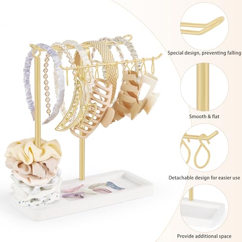 Dahey Headband Holder Multifunctional Hair Accessories Organizer Display Hairbands Claw Clips Scrunchie Metal Storage Stand Stylish Bedroom Dorm Bathroom Vanity Decor for Girls Women, Gold