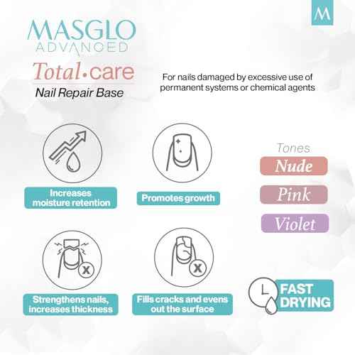 MASGLO Advanced Nail Recovery Base, Strengthening & Thickening Treatment, Fast-Drying Total Care Formula, Tea Tree Oil + Plant Proteins, Vitamin-Enriched Hydrating Base Coat, Nude Tone Color & Shine