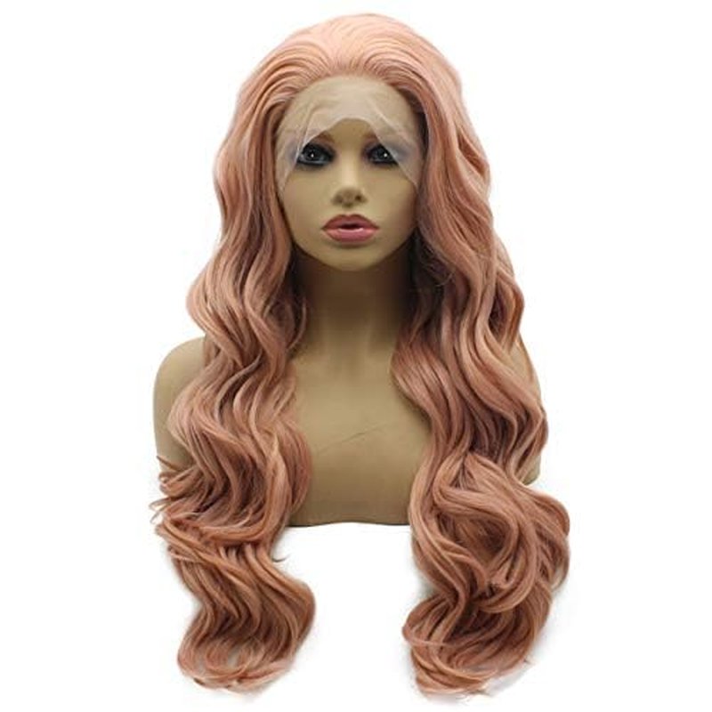 Long Wavy Peach Pink Lace Front Wig - Heat Friendly Synthetic Hair | Half Hand Tied Design