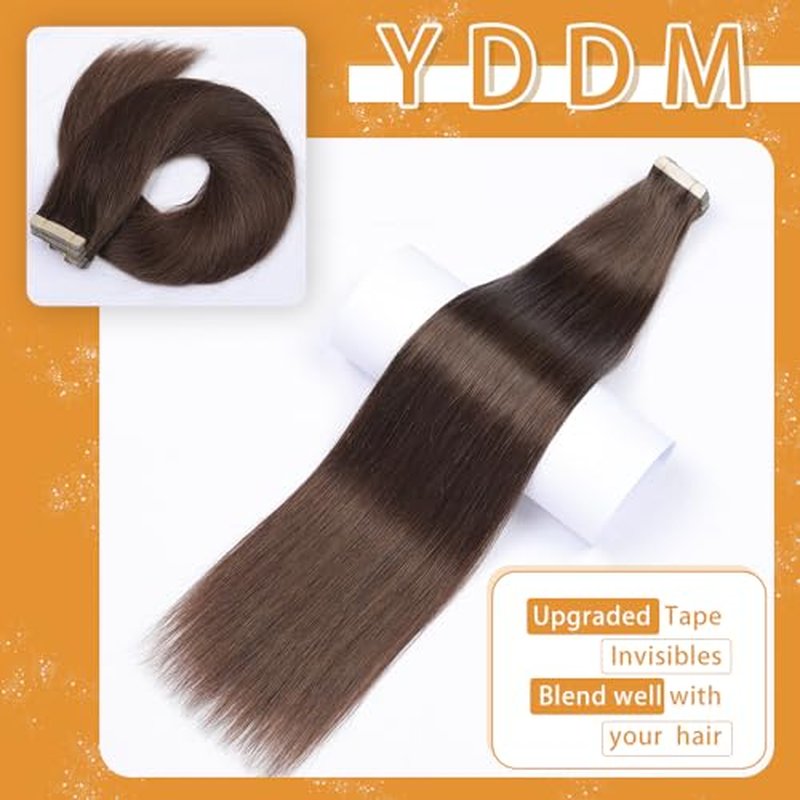YDDM 20 Inch Tape in Hair Extensions Human Hair, Dark Brown 20pcs 100% Remy Human Hair Straight Seamless Invisible Tape in Hair Extensions(2#, 20 Inch)