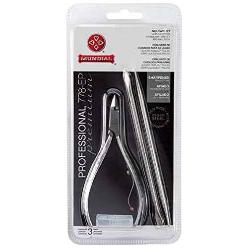 Mundial Nail Care 3 Piece Set - Professional Stainless Steel Cuticle Nippers with Double Nail Spatula and Pusher, Manicure, and Pedicure Trimmer Kit