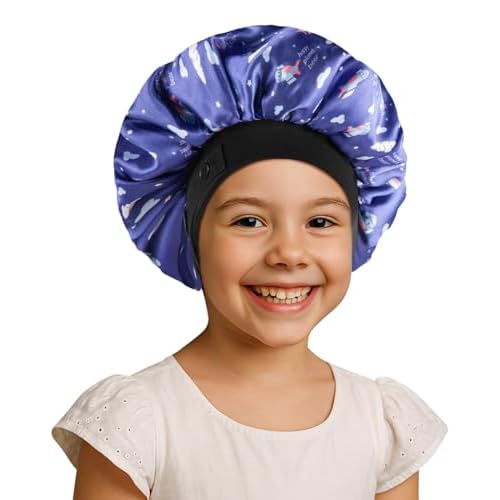 Kids Bonnet, Soft Silk Satin Bonnet for Girls Boys, Double Layer & Wide Elastic Band Kids Sleeping Cap, Adjustable Night Hat for Child Natural Hair Curly Hair (Blue Spaceship)