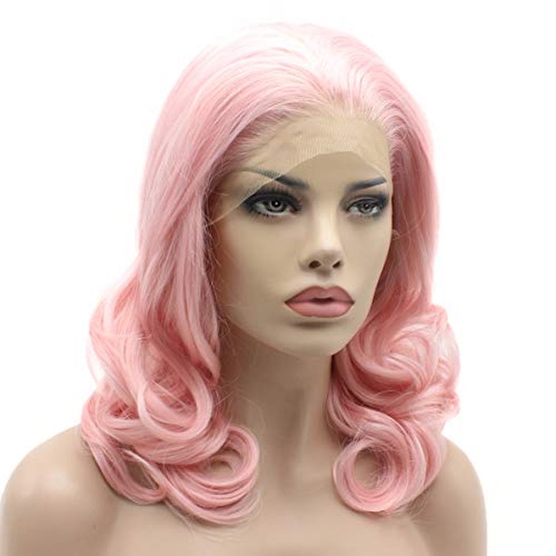 Lushy Pink Wavy Synthetic Wig, 16inch, Heat Resistant, Heavy Density, Lace Front