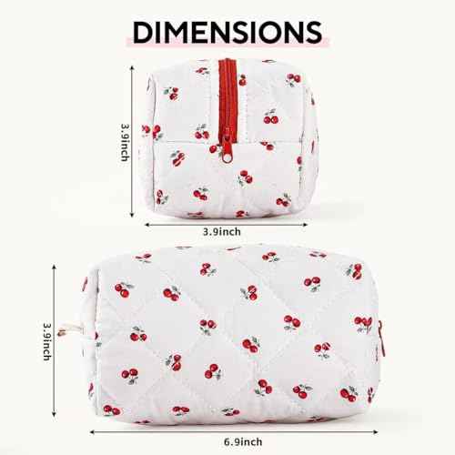 Floral Makeup Bag,Floral Quilted Makeup Pouch,Large Cosmetic Bag,Fashionable Travel Makeup Pouch, Cute Cherry Make up Bag,Puffy Coquette Makeup Bag, Attractive Quilted Make up Bag