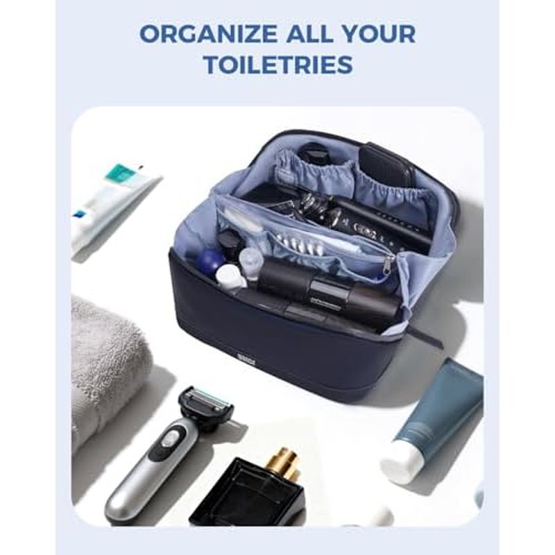 WANDF Toiletry Bag for Men, PU Leather Travel Organizer with Detachable Waterproof Hanging Pouch, Open-Flat Dopp Kit Shaving Bag with Wet Pocket for Travel Toiletries Accessories (Navy Blue)