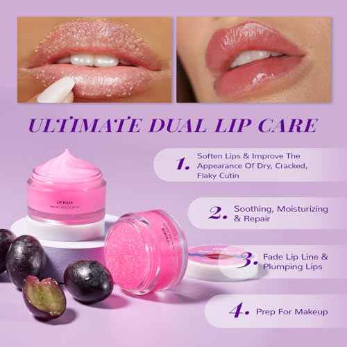 ANAI RUI Lip Therapy Set - Scrub & Mask, Overnight Hydrating Moisturizer With Exfoliator and Sleeping Mask for Plumping - Gift Kit for Dry, Chapped, Dark Lips, Grape