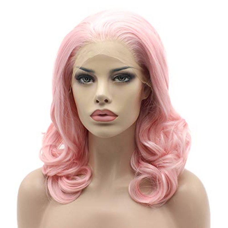 Lushy Pink Wavy Synthetic Wig, 16inch, Heat Resistant, Heavy Density, Lace Front