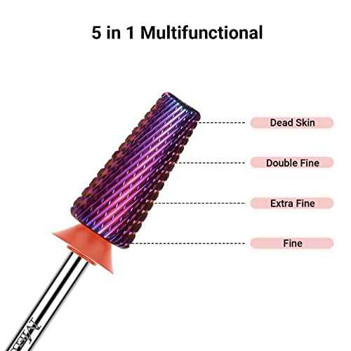 MelodySusie Professional 5 in 1 Nail Drill Bits, 3/32'' Carbide Tungsten Multi-function, Suitable for Manicure Pedicure Cuticle Gel Polishing, Purple, Fine