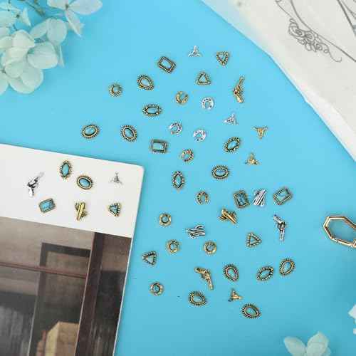 50 PCS Turquoise Nail Charms - 3D Western Nail Charms Vintage Turquoise Gems Stones Art, Retro Metal Gold Silver Cowboy Cowgirl Western Art Stickers Accessories Women DIY