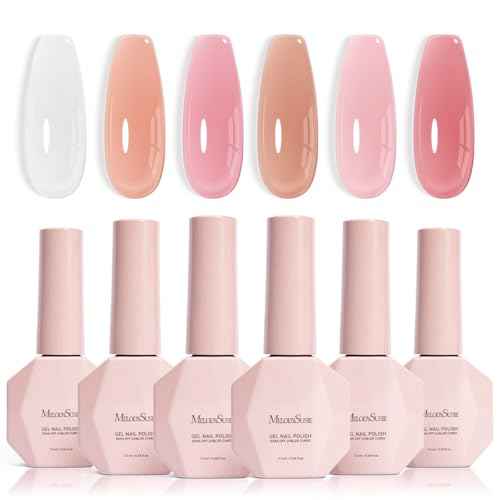 MelodySusie Jelly Gel Nail Polish Set,6 Transparent Colors,Milky or Jelly Texture,Classic Basic Colors Soak Off UV LED Light Cure or Salon Manicure and Nail Art DIY at Home