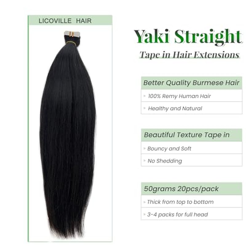 Tape in Hair Extensions Yaki Straight Real Human Hair Tape in Extensions - 24 Inch Long Straight Natural Color Human Hair Extensions Light Yaki Tape ins for Black Women