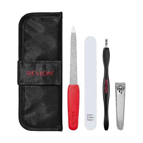 Revlon Manicure Essentials Kit with Travel Case, Nail Care Set with Dual Ended Cuticle Trimmer, Curved Blade Clippers, Compact Emeryl File & Buffer (Pack of 1)