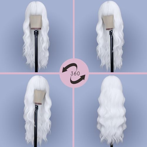 NAYOO White Wigs with Bangs - Long Curly Wavy Synthetic Fiber Wigs - Heat Resistant - 26 Inches