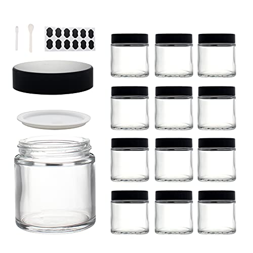 12 Pack 4 oz Clear Glass Travel Cosmetic Jars, Refillable Cosmetic Containers with Inner Liners, Lids, Spatula, Chalk Labels, Beauty Jars for Sugar Scrubs, Cream, Bath Salts, Slime