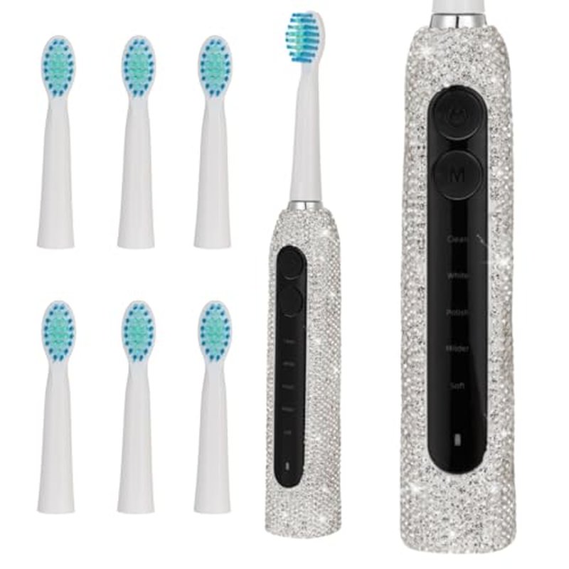 Diamond Sonic Electric Toothbrush Bling Rechargeable Toothbrushes for Adults with 6 Brush Heads Vibrating Toothbrush-5 Modes, USB-C Fast Charge,2Min Smart Timer,IPX7 Waterproof(White)
