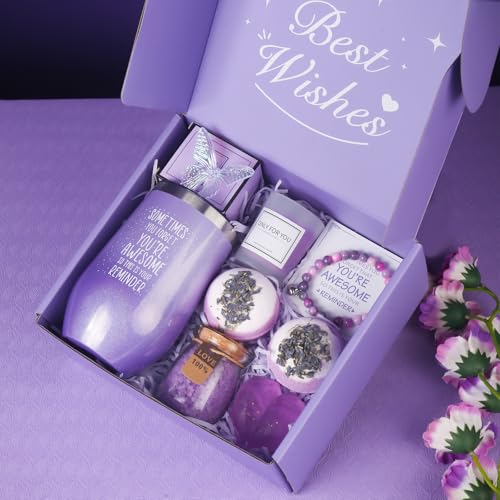 Birthday Gifts for Women, Bath Relaxing Spa Gift Basket Set, Unique Gifts for Her, Friends, Mom, Sister, Coworker, Wife, Girlfriend, Purple Gifts for Women, Mothers Day, Christmas