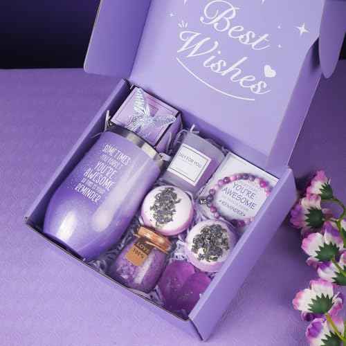Birthday Gifts for Women, Bath Relaxing Spa Gift Basket Set, Unique Gifts for Her, Friends, Mom, Sister, Coworker, Wife, Girlfriend, Purple Gifts for Women, Mothers Day, Christmas