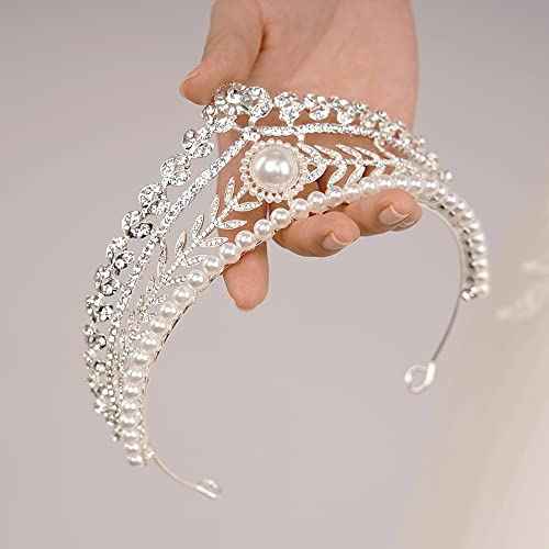 JWICOS Tiaras and Crowns for Women Pearl Wedding Tiara for Bride Baroque Queen Crown Rhinestone Hair Accessories for Birthday Pageant Prom