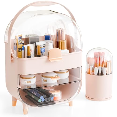 Yieach Countertop Makeup Organizer for Vanity,Large Capacity Skincare Organizers With Drawers and Makeup Brush Holder,Cosmetic Display Cases with Clear Cover for Bathroom,Dresser,Beauty Product,Pink