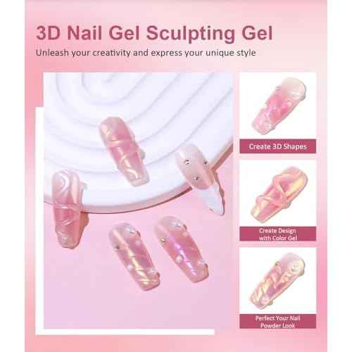3D Nail Gel Art BISHENGYF - Rose Gold Chrome Nail Powder 15g 3D Nail Gel with Laser White Nail Powder Non-Sticky Clear 3D Sculpting for Art Home DIY