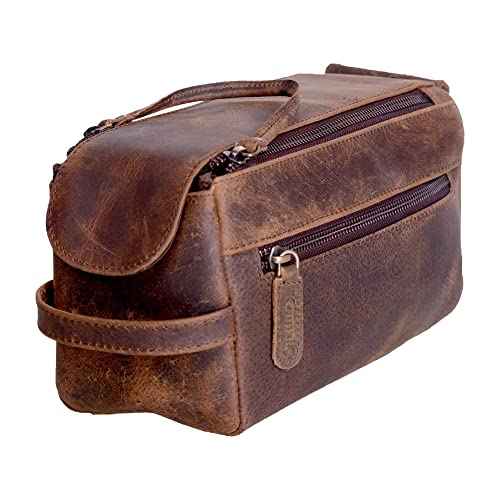 KomalC Premium Buffalo Leather Toiletry Bag for Men & Women ? Leather Dopp Kit With Water resistant Lining, Premium Toiletry Travel Pouch, Unisex Wash Bag for Toiletries, Gifts for Men and Women