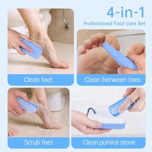 Glass Pumice Stone for Feet Callus Remover?4-in-1 Foot Scrubber Kit with 2 Bigger Dual-Sided Foot Pumice Stones, Cone Foot Exfoliator, Nail Brush for Cleaning Fingernails ?Blue &White