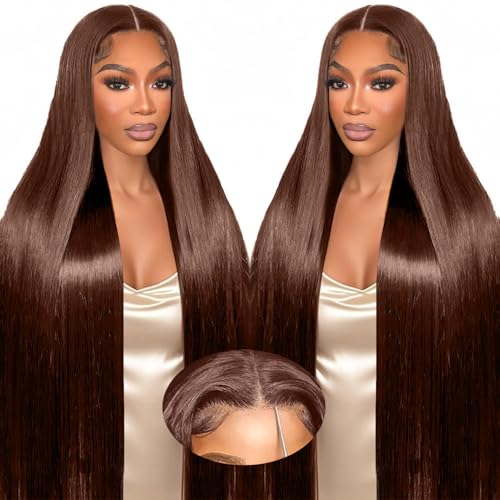 28 Inch Chocolate Brown Lace Front Wig Human Hair 220 Density 9x6 HD Lace Brown Wear and Go Glueless Wigs Pre Plucked Pre Cut Dark Brown Wig Human Hair Straight Glueless Wig for Women