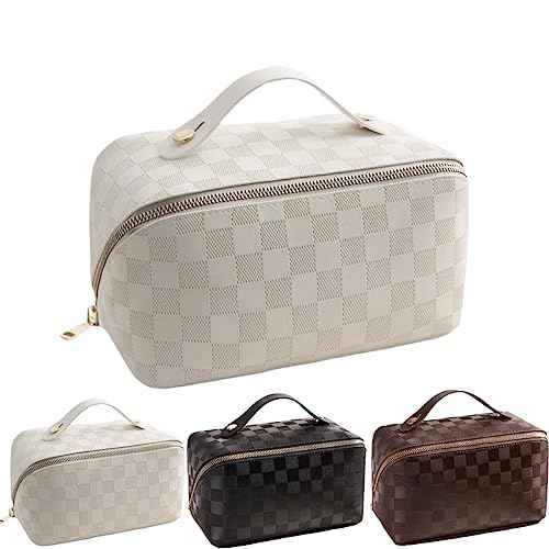 Large Capacity Brown Checkered Makeup Bags Portable Travel Cosmetic Bags Open-Flat Toiletry Bag for Women Girls Make Up Organizer with Divider Pouch Zipper Bag (white-checkered)