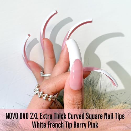 NOVO OVO XXL Curved Square White French Tip False Nail Tips Press on, BERRY PINK Full Cover Extra Thick Long XL Acrylic Hawk Curve Fake Extension Kit, Need Top Coat for Salon DIY 12 Sizes 144 pcs