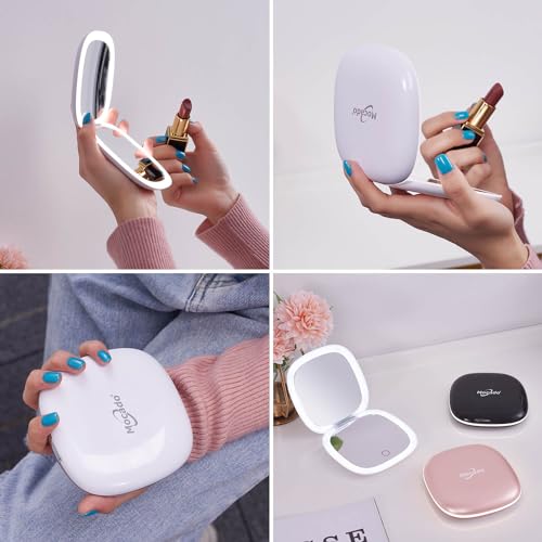 Mocado Compact LED Magnifying Travel Makeup-Mirror - 4 inches 1X/10X Magnification Small Hand Pocket Dimmable Double Sided USB Rechargeable Touch Screen, Portable Tabletop Cosmetic (White)